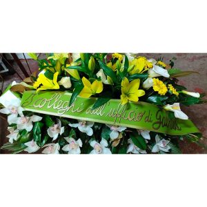 Cuscino funebre con orchidee e fascia